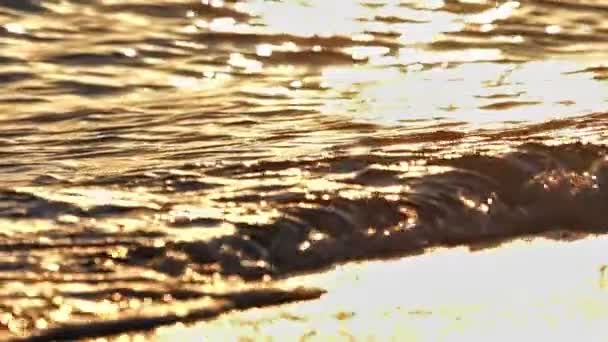 Ola de playa salpicando macro en puesta de sol — Vídeo de stock