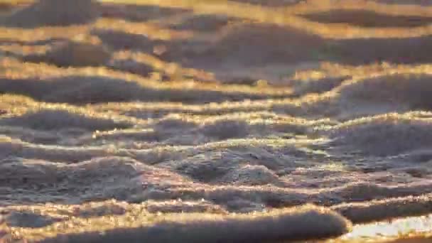 Strand hullám fröccsenő makró naplementében 4k — Stock videók