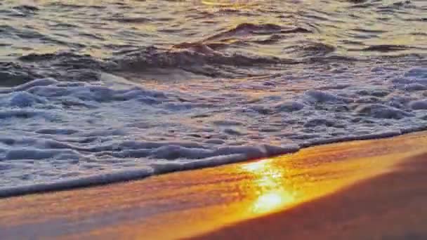Ola de playa salpicando macro en puesta de sol 4k — Vídeo de stock