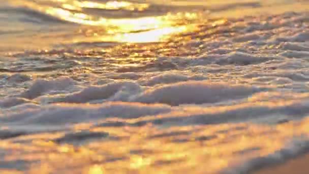 Plage vague éclaboussures macro au coucher du soleil 4k — Video