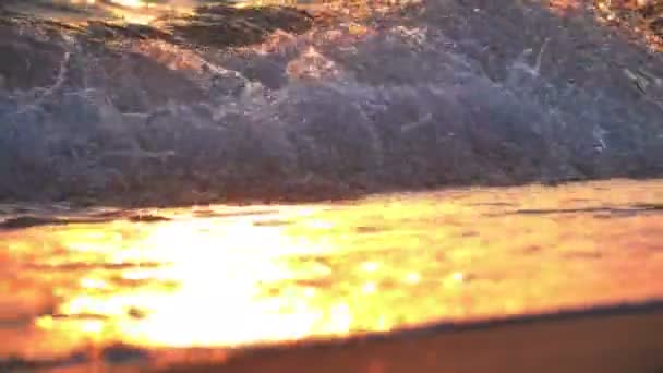 サンセット4kのビーチ・ウェーブ・スプラッシュ・マクロ — ストック動画