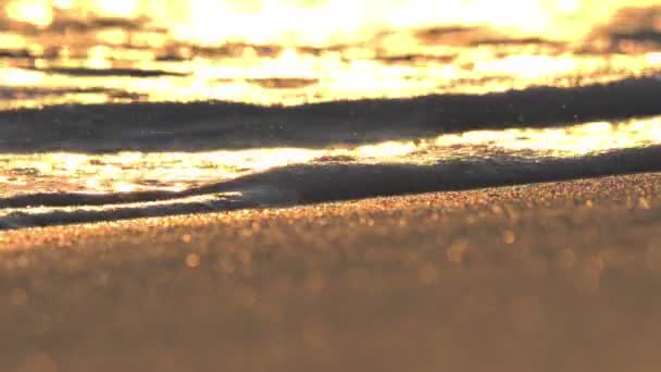 Ola de playa salpicando macro en puesta de sol 4k — Vídeo de stock