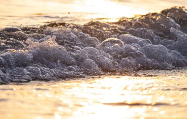 Dalgalar deniz kıyısı makrosu sıçratıyor. Yaklaş.