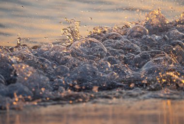 Dalgalar deniz kıyısı makrosu sıçratıyor. Yaklaş.