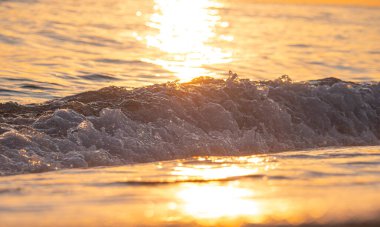 Dalgalar deniz kıyısı makrosu sıçratıyor. Yaklaş.