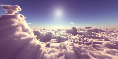 Bulutların üzerinde uç günbatımı manzarası, üç boyutlu resimleme