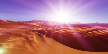 Çölde kum tepeleri batıyor. 3d resimleme