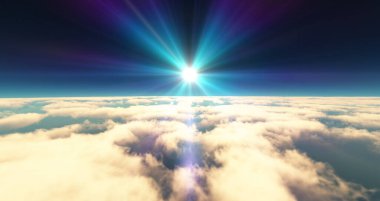 Bulutların üzerinde uç günbatımı manzarası. 3d resimleme