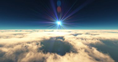 Bulutların üzerinde uç günbatımı manzarası. 3d resimleme