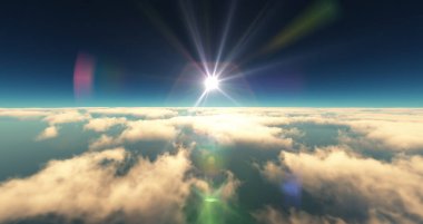 Bulutların üzerinde uç günbatımı manzarası. 3d resimleme