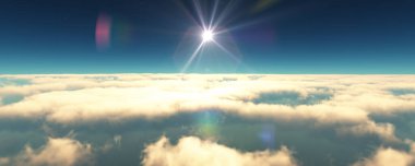 Bulutların üzerinde uç günbatımı manzarası. 3d resimleme