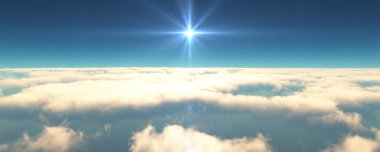 Bulutların üzerinde uç günbatımı manzarası. 3d resimleme