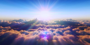 Bulutların üzerinde gün batımlı güzel hava manzarası. 3d illüstrasyon