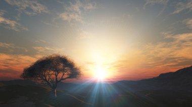 Çayırda gün batımı ve yalnız ağaç, üç boyutlu resimleme