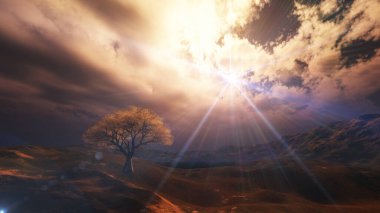 Çayırda gün batımı ve yalnız ağaç, üç boyutlu resimleme