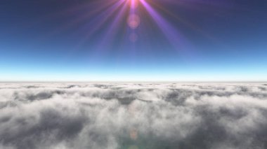Bulutların üzerinde güneş ışınları, 3 boyutlu resimleme