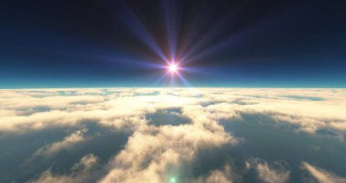 Bulutların üzerinde uç günbatımı manzarası. 3d resimleme