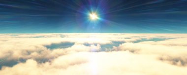 Bulutların üzerinde uç günbatımı manzarası. 3d resimleme