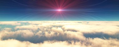 Bulutların üzerinde uç günbatımı manzarası. 3d resimleme