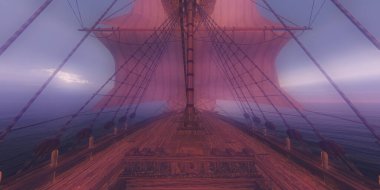 Eski gemi günbatımında deniz 3D resimleme