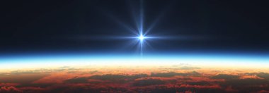 Bulutlu okyanus üzerinden Dünya 'nın doğuşu. 3d resimleme