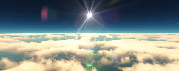 雲の日没の風景の上を飛ぶ 3Dレンダリング図 — ストック写真