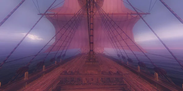 古い船の夕日で海の3Dレンダリングイラスト — ストック写真