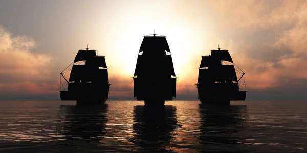 Old Three Ships Sunset Sea Rendering Illustration — Stock Photo, Image