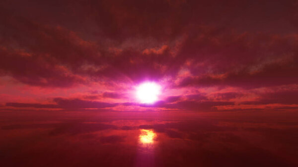 Sunset calmly sea sun ray 3d rendering illustration