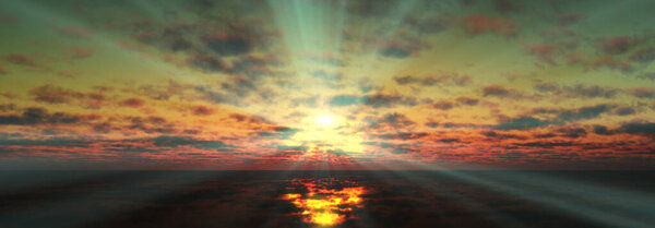 Sunset calmly sea sun ray 3d rendering illustration