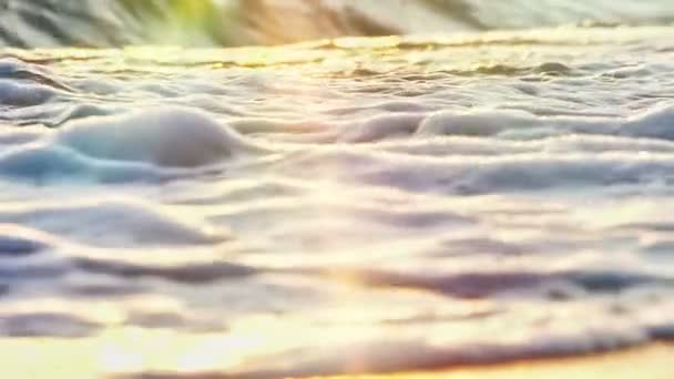 日没時のビーチ・ウェーブ・スプラッシュ・マクロ — ストック動画