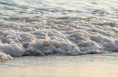 Dalgalar deniz kıyısı makrosu sıçratıyor. Yaklaş.