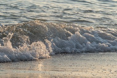 Dalgalar deniz kıyısı makrosu sıçratıyor. Yaklaş.