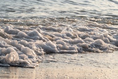 Dalgalar deniz kıyısı makrosu sıçratıyor. Yaklaş.