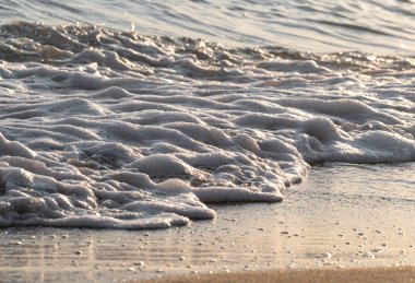 Dalgalar deniz kıyısı makrosu sıçratıyor. Yaklaş.