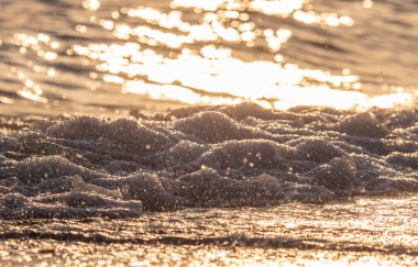 Dalgalar deniz kıyısı makrosu sıçratıyor. Yaklaş.