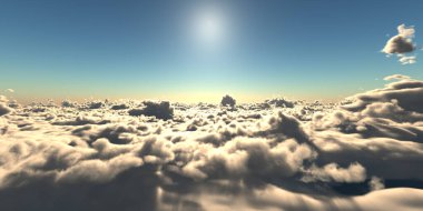 Bulutların üzerinde uç günbatımı manzarası, üç boyutlu resimleme