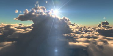 Bulutların üzerinde uç günbatımı manzarası, üç boyutlu resimleme