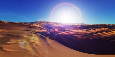 Çölde kum tepeleri batıyor. 3d resimleme