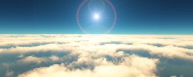 Bulutların üzerinde uç günbatımı manzarası. 3d resimleme