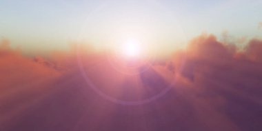 Bulutların üzerinde gün batımlı güzel hava manzarası. 3d illüstrasyon