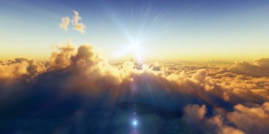 Bulutların üzerinde gün batımlı güzel hava manzarası. 3d illüstrasyon