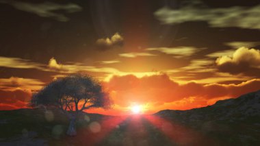 Çayırda gün batımı ve yalnız ağaç, üç boyutlu resimleme