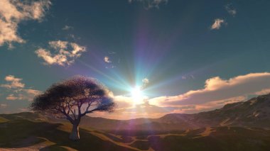 Çayırda gün batımı ve yalnız ağaç, üç boyutlu resimleme