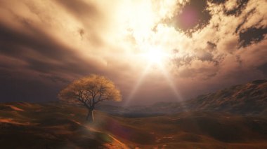 Çayırda gün batımı ve yalnız ağaç, üç boyutlu resimleme