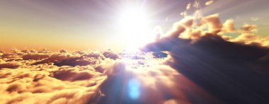 Bulutların üzerinde günbatımı güneş ışığı illüstrasyonu, 3 boyutlu görüntüleme