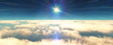 Bulutların üzerinde uç günbatımı manzarası. 3d resimleme