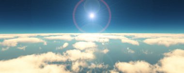 Bulutların üzerinde uç günbatımı manzarası. 3d resimleme