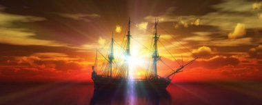 Eski gemi günbatımında deniz 3D resimleme
