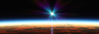 Bulutlu okyanus üzerinden Dünya 'nın doğuşu. 3d resimleme